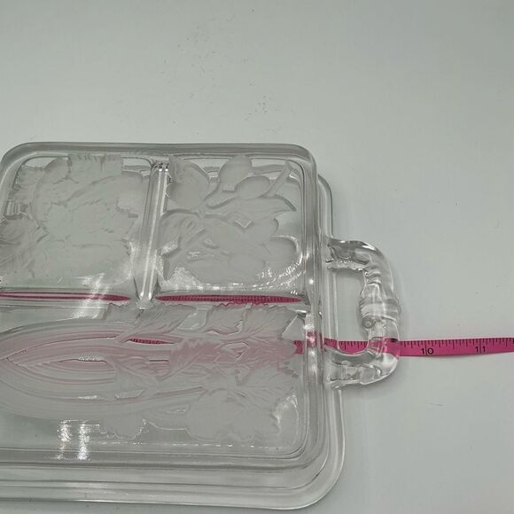 MCM Intaglio 1940's Vintage Clear & Frosted Glass Serving Divided Tray Handles - Picture 3 of 5